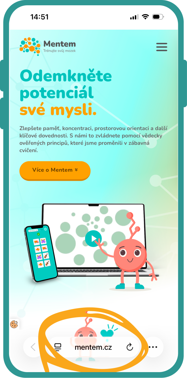 Open the Safari web browser on your phone and go to mentem.eu.